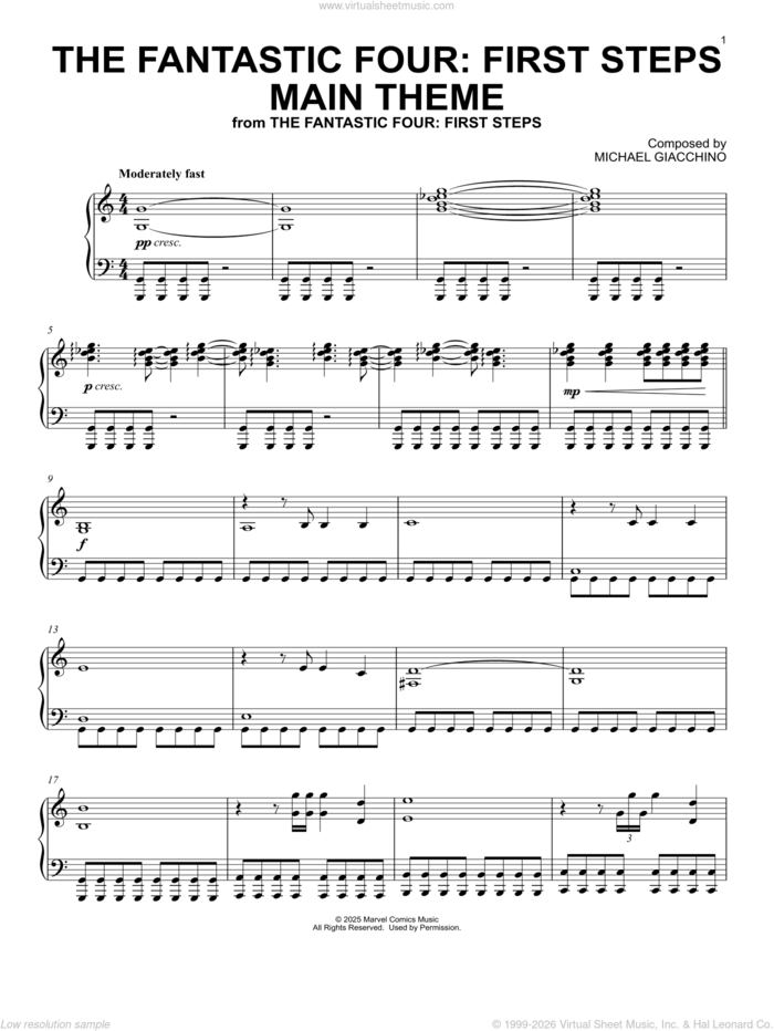 The Fantastic Four: First Steps (Main Theme) sheet music for piano solo by Michael Giacchino, intermediate skill level
