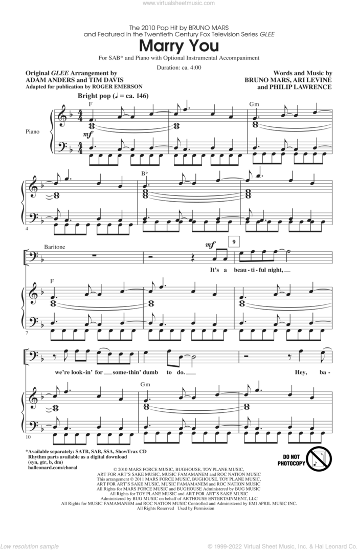 Marry You sheet music for choir (SAB: soprano, alto, bass) by Bruno Mars, Ari Levine, Philip Lawrence, Adam Anders, Glee Cast, Miscellaneous, Roger Emerson and Tim Davis, wedding score, intermediate skill level