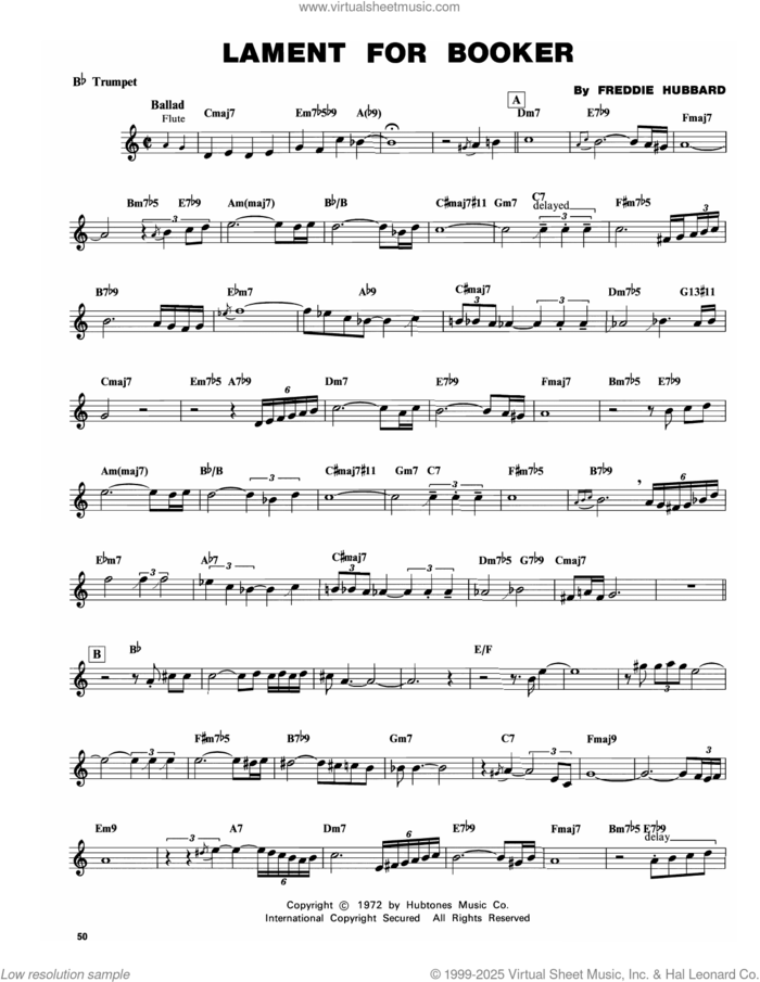 Lament For Booker sheet music for trumpet solo (transcription) by Freddie Hubbard, intermediate trumpet (transcription)