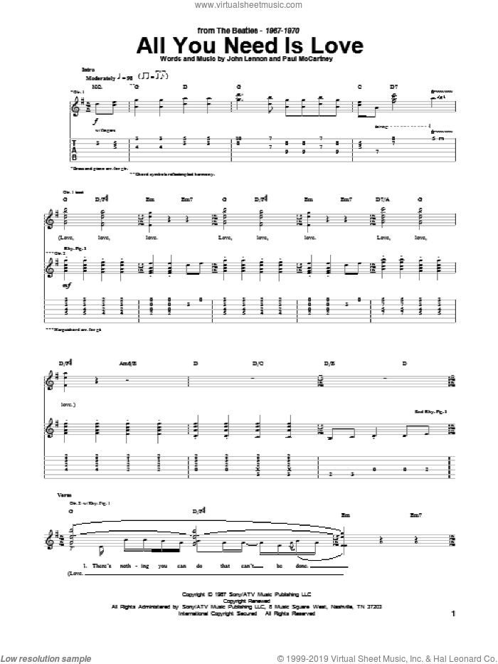 All You Need Is Love sheet music for guitar (tablature) by The Beatles, John Lennon and Paul McCartney, wedding score, intermediate skill level