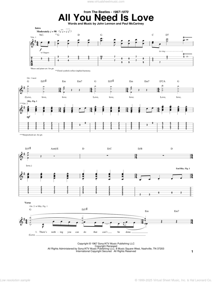 All You Need Is Love sheet music for guitar (tablature) by The Beatles, John Lennon and Paul McCartney, wedding score, intermediate skill level