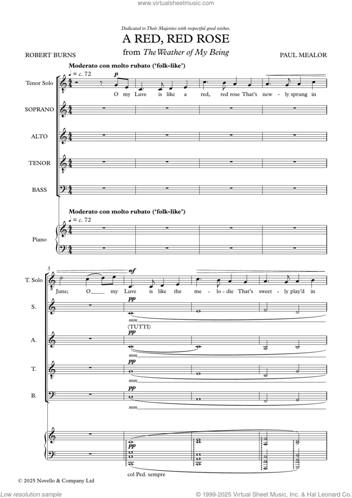 A Red, Red Rose sheet music for choir (SATB: soprano, alto, tenor, bass) by Paul Mealor, classical score, intermediate skill level
