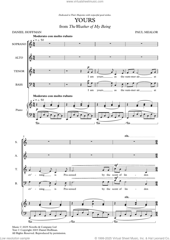 Yours sheet music for choir (SATB: soprano, alto, tenor, bass) by Paul Mealor, classical score, intermediate skill level