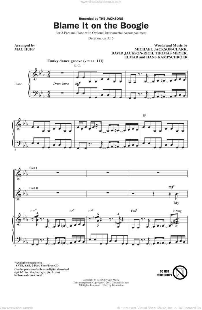 Blame It On The Boogie sheet music for choir (2-Part) by Mac Huff, David Jackson Rich, Elmar Krohn, Hans Kampschroer, Michael Jackson-Clark, Thomas Meyer, Michael Jackson and The Jackson 5, intermediate duet