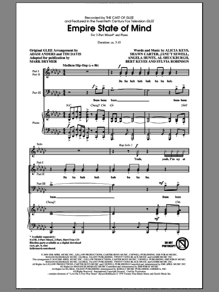 Empire State Of Mind sheet music for choir (3-Part Mixed) by Alicia Keys, Al Shuckburgh, Angela Hunte, Bert Keyes, Shawn Carter, Sylvia Robinson, Adam Anders, Glee Cast, Jay-Z, Jay-Z featuring Alicia Keys, Mark Brymer, Miscellaneous and Tim Davis, intermediate skill level