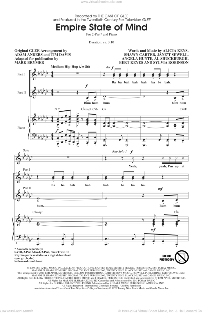 Empire State Of Mind sheet music for choir (2-Part) by Alicia Keys, Al Shuckburgh, Angela Hunte, Bert Keyes, Shawn Carter, Sylvia Robinson, Adam Anders, Glee Cast, Jay-Z, Jay-Z featuring Alicia Keys, Mark Brymer, Miscellaneous and Tim Davis, intermediate duet