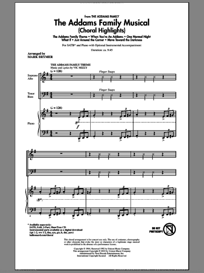 The Addams Family Musical (Choral Highlights) sheet music for choir (SATB: soprano, alto, tenor, bass) by Mark Brymer, intermediate skill level