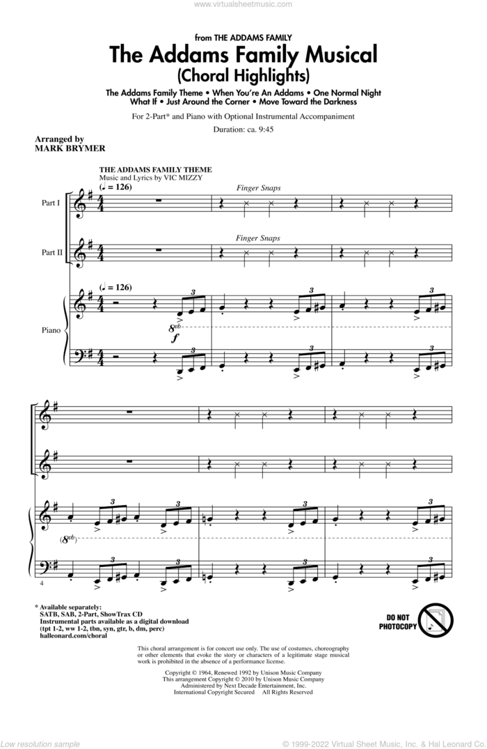 The Addams Family Musical (Choral Highlights) sheet music for choir (2-Part) by Mark Brymer, intermediate duet