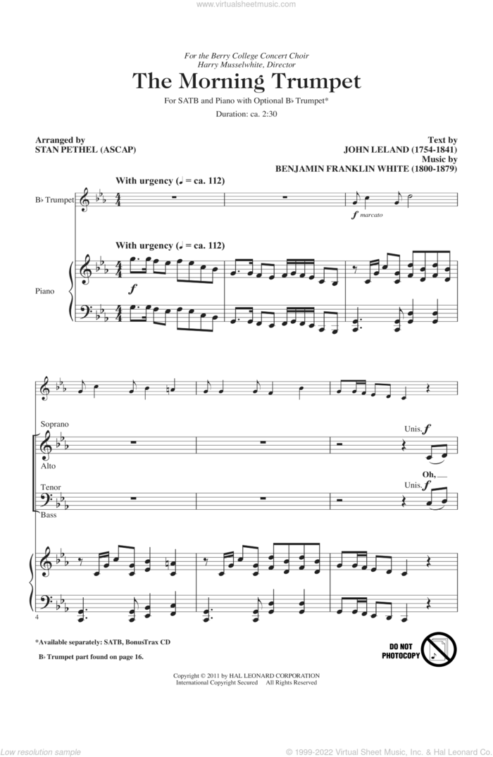 The Morning Trumpet sheet music for choir (SATB: soprano, alto, tenor, bass) by Stan Pethel, Benjamin Franklin White and John Leland, intermediate skill level