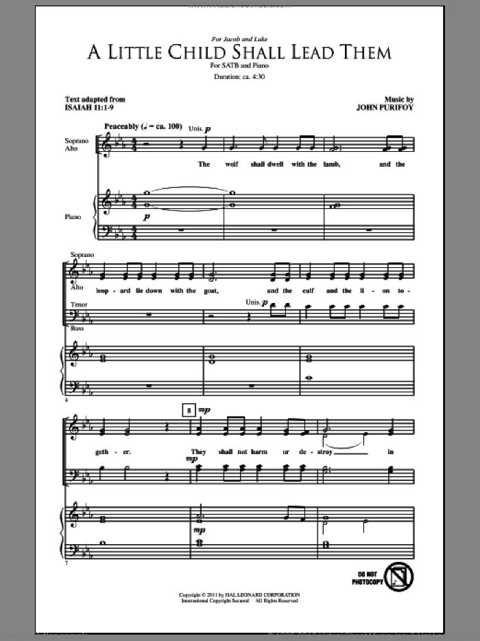 A Little Child Shall Lead Them sheet music for choir (SATB: soprano, alto, tenor, bass) by John Purifoy, intermediate skill level