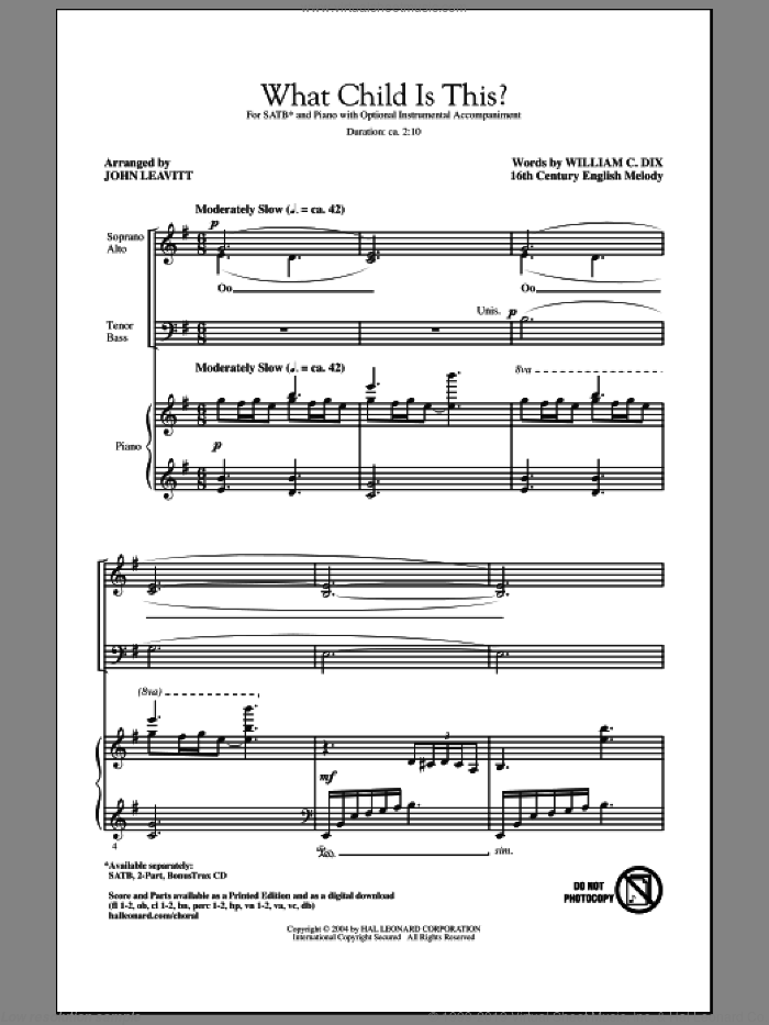 What Child Is This? sheet music for choir (SATB: soprano, alto, tenor, bass) by William Chatterton Dix, John Leavitt and Miscellaneous, intermediate skill level