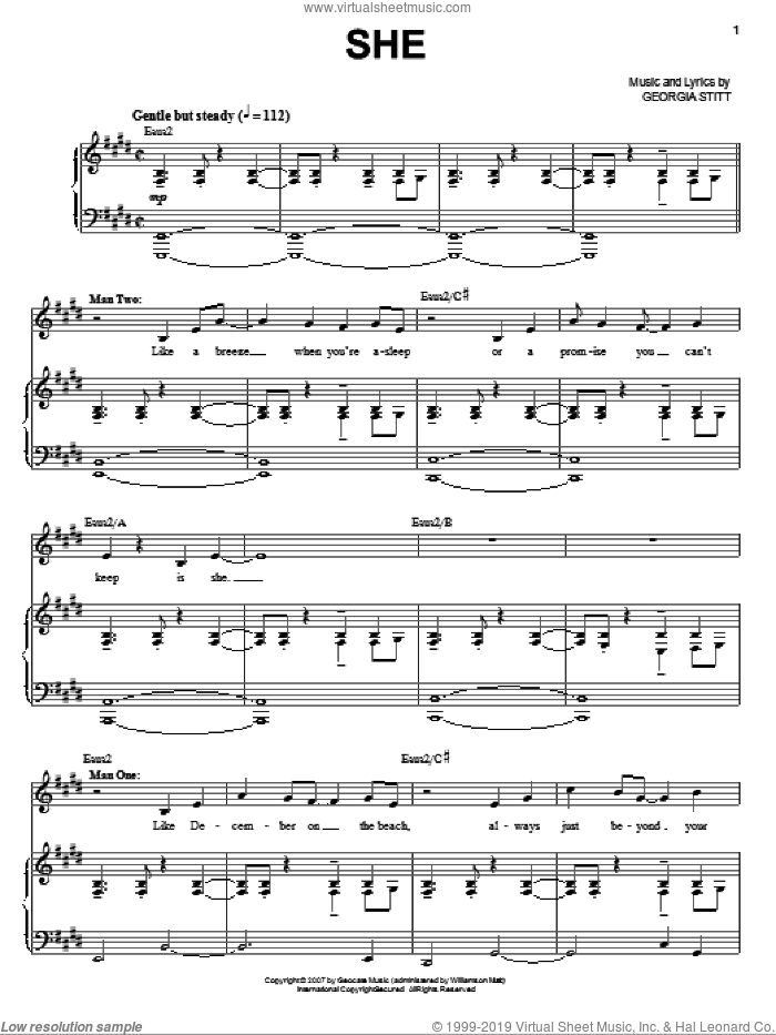 She sheet music for voice and piano by Georgia Stitt and Cheyenne Jackson & Tituss Bergess, intermediate skill level