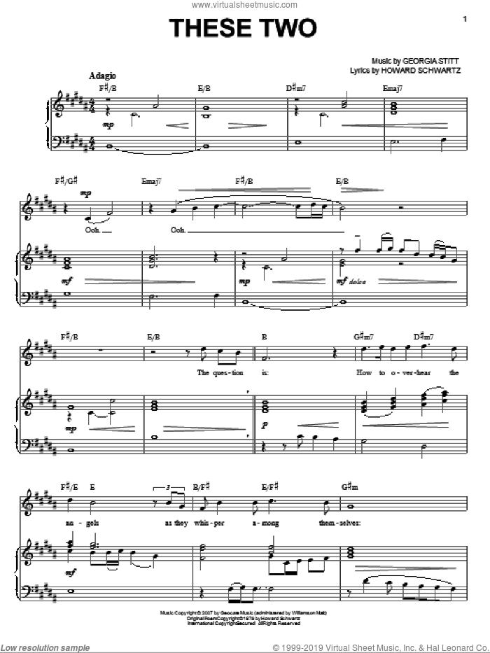 These Two sheet music for voice and piano by Georgia Stitt, Keith Byron Kirk and Howard Schwartz, intermediate skill level