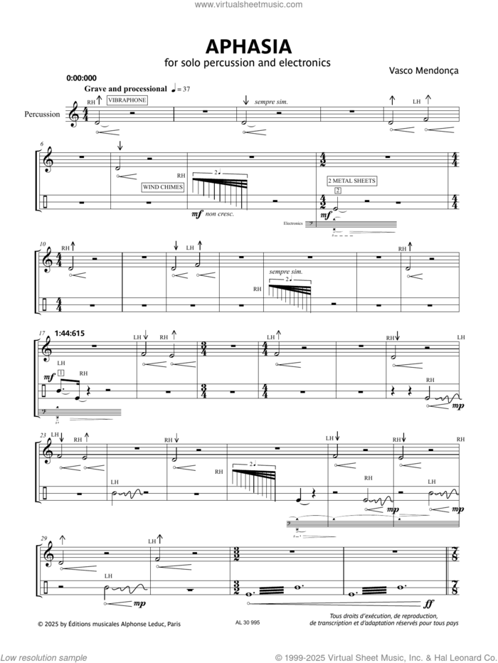 Aphasia sheet music for percussions by Vasco Mendonça, classical score, intermediate skill level