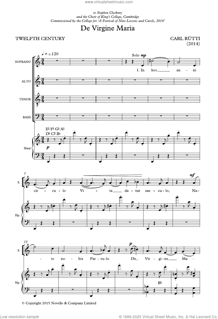 De Virgine Maria (SATB and harp version) - Full Score sheet music for choir (SATB: soprano, alto, tenor, bass) by Carl Rütti, classical score, intermediate skill level