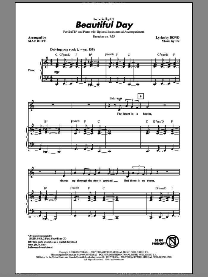 Beautiful Day sheet music for choir (SATB: soprano, alto, tenor, bass) by U2, Bono and Mac Huff, intermediate skill level
