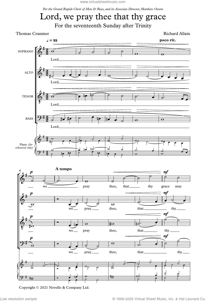 Lord, we pray thee that thy grace sheet music for choir (SATB: soprano, alto, tenor, bass) by Richard Allain, classical score, intermediate skill level