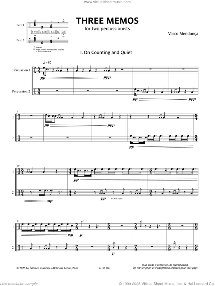 Three Memos sheet music for PERDT by Vasco Mendonça, classical score, intermediate skill level
