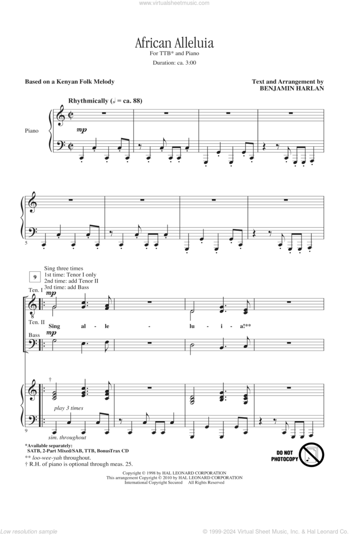 African Alleluia sheet music for choir (TTBB: tenor, bass) by Benjamin Harlan and Miscellaneous, intermediate skill level