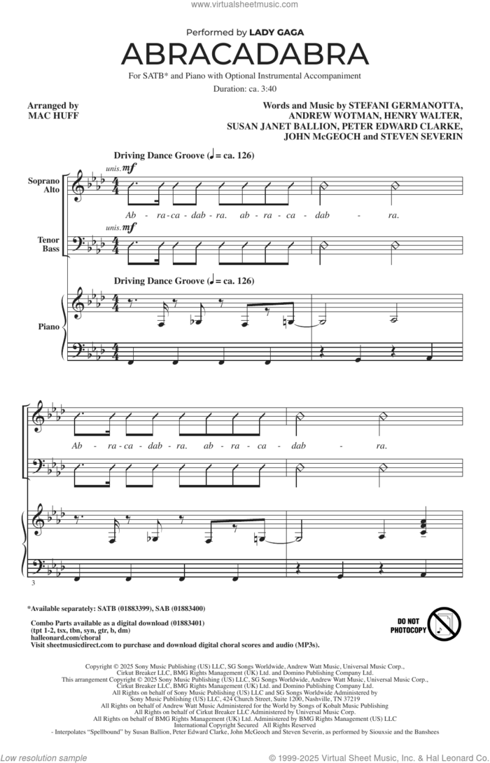 Abracadabra (arr. Mac Huff) sheet music for choir (SATB: soprano, alto, tenor, bass) by Lady Gaga, Mac Huff, Andrew Wotman (Andrew Watt), John McGeoch, Peter Edward Clarke, Steven Severin and Susan Janet Ballion, intermediate skill level