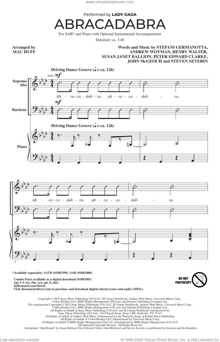 Abracadabra (arr. Mac Huff) sheet music for choir (SAB: soprano, alto, bass) by Lady Gaga, Mac Huff, Andrew Wotman (Andrew Watt), John McGeoch, Peter Edward Clarke, Steven Severin and Susan Janet Ballion, intermediate skill level