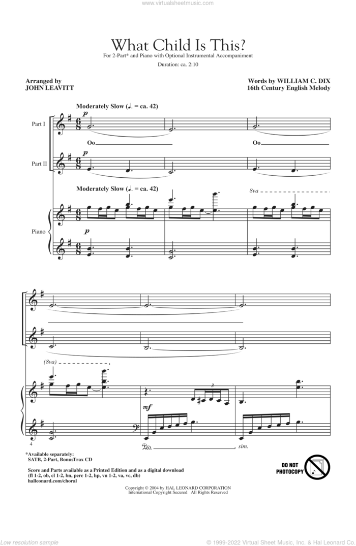 What Child Is This? sheet music for choir (2-Part) by William Chatterton Dix, John Leavitt and Miscellaneous, intermediate duet