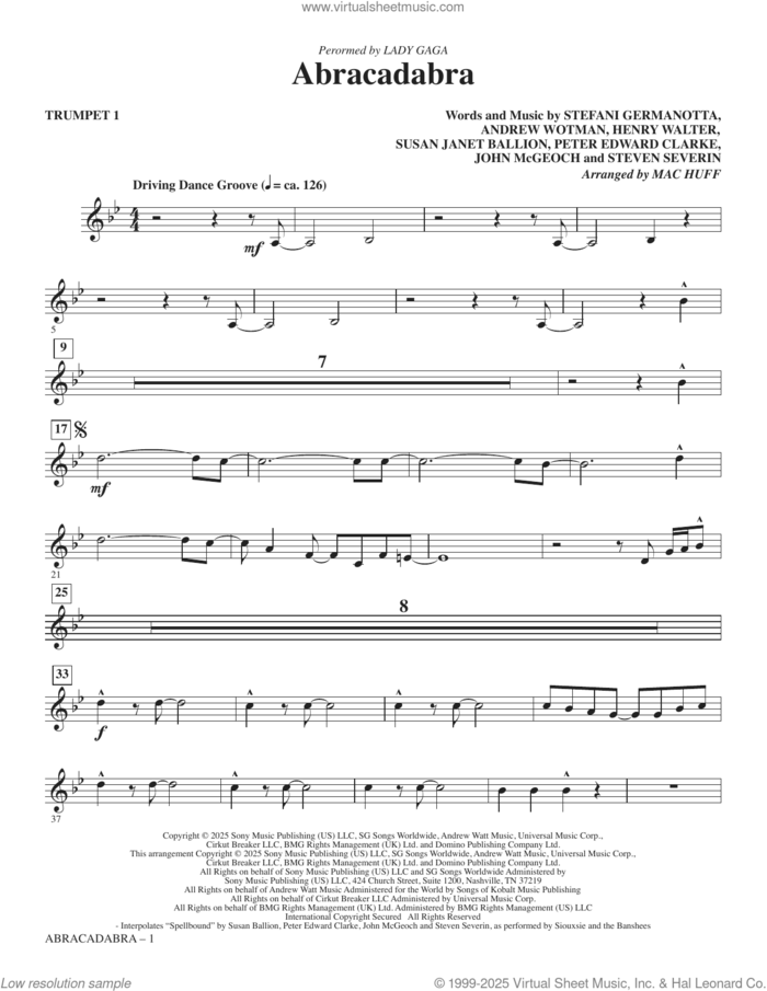 Abracadabra (arr. Mac Huff) (complete set of parts) sheet music for orchestra/band (Instrumental Accompaniment) by Mac Huff, Andrew Wotman (Andrew Watt), John McGeoch, Lady Gaga, Peter Edward Clarke, Steven Severin and Susan Janet Ballion, intermediate skill level