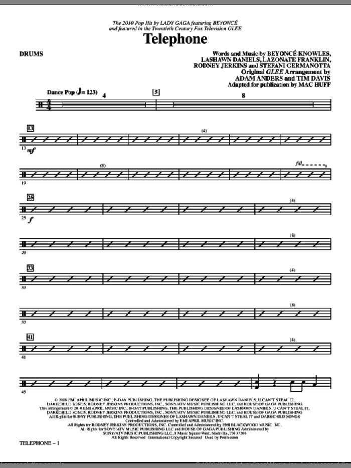 Telephone (complete set of parts) sheet music for orchestra/band by Lady Gaga, Beyonce, LaShawn Daniels, Lazonate Franklin, Rodney Jerkins, Adam Anders, Glee Cast, Lady GaGa featuring Beyonce, Mac Huff, Miscellaneous and Tim Davis, intermediate skill level