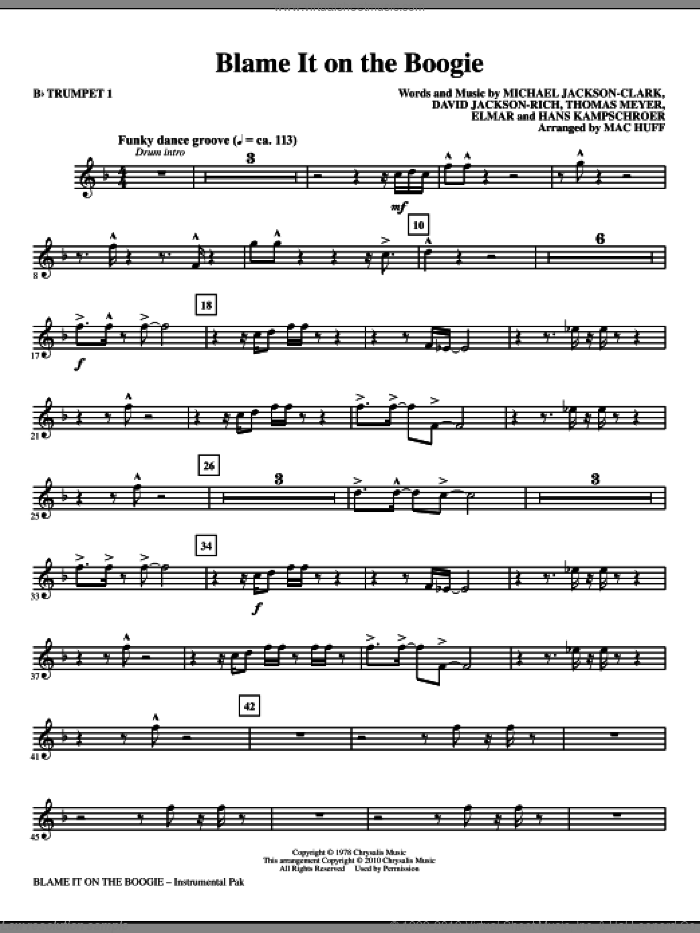 Blame It On The Boogie (complete set of parts) sheet music for orchestra/band by Mac Huff, David Jackson Rich, Elmar Krohn, Hans Kampschroer, Michael Jackson, Michael Jackson-Clark, The Jackson 5 and Thomas Meyer, intermediate skill level