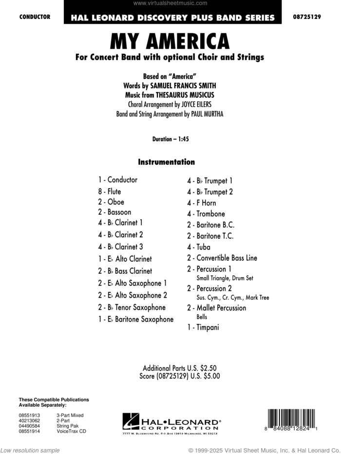 My America (with opt. Choir) (arr. Paul Murtha and Joyce Eilers) (COMPLETE) sheet music for concert band by Paul Murtha, Joyce Eilers and Samuel F. Smith, intermediate skill level