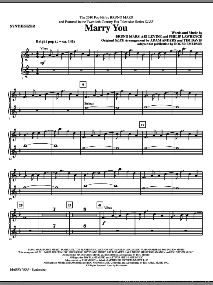 Marry You (complete set of parts) sheet music for orchestra/band (Rhythm) by Bruno Mars, Ari Levine, Philip Lawrence, Adam Anders, Glee Cast, Miscellaneous, Roger Emerson and Tim Davis, intermediate skill level