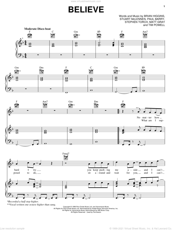 Believe sheet music for voice, piano or guitar by Cher, Brian Higgins, Matt Gray, Paul Barry, Stephen Torch, Stuart McLennen and Timothy Powell, intermediate skill level