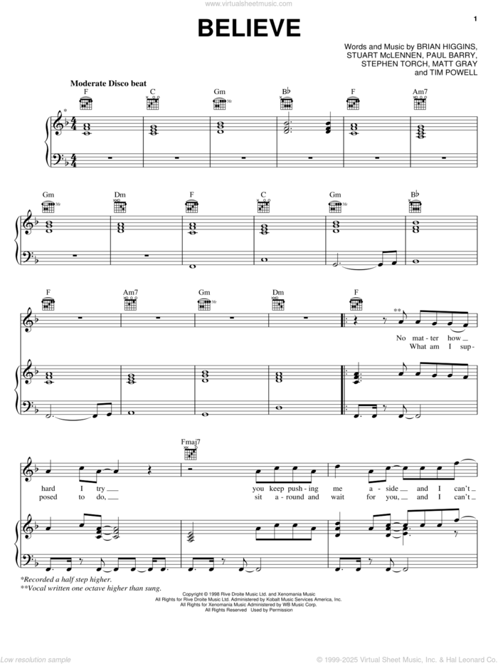 Believe sheet music for voice, piano or guitar by Cher, Brian Higgins, Matt Gray, Paul Barry, Stephen Torch, Stuart McLennen and Timothy Powell, intermediate skill level