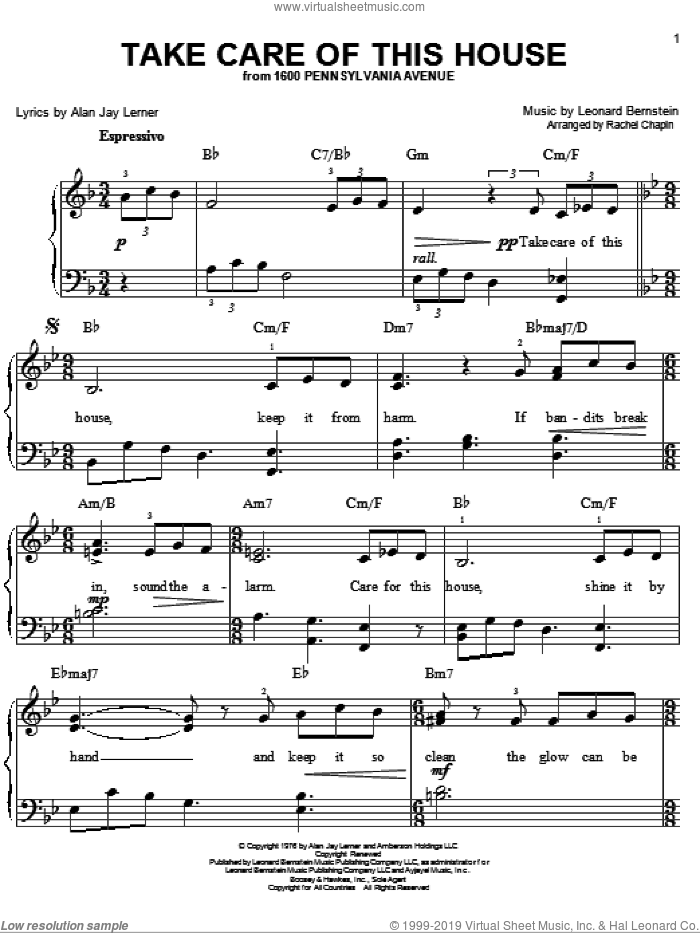 Take Care Of This House sheet music for piano solo by Leonard Bernstein, 1600 Pennsylvania Avenue (Musical) and Alan Jay Lerner, easy skill level