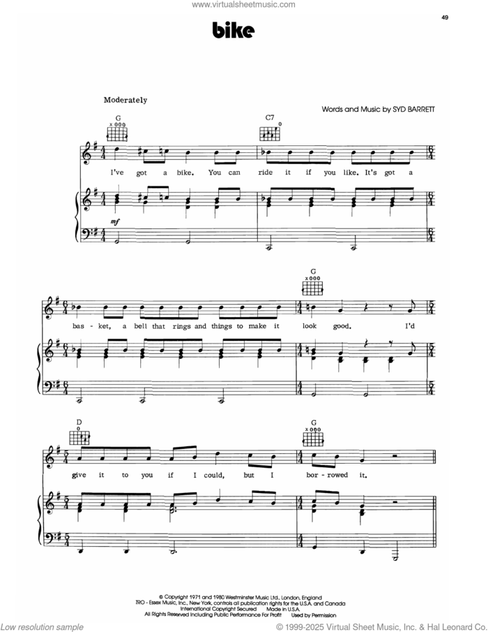 Bike sheet music for voice, piano or guitar by Pink Floyd and Syd Barrett, intermediate skill level