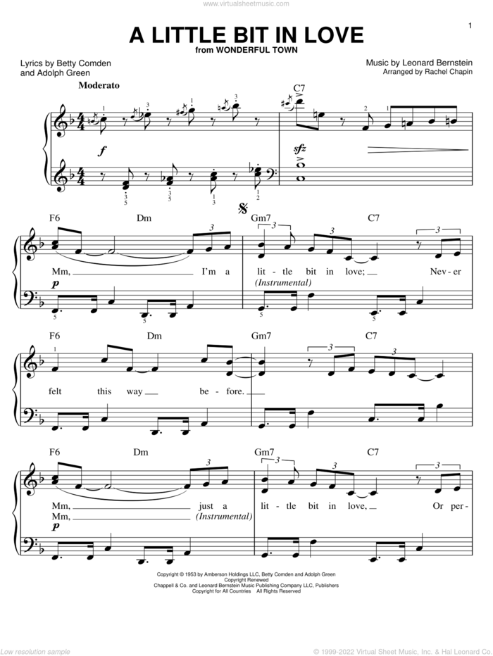 A Little Bit In Love sheet music for piano solo by Leonard Bernstein, Adolph Green and Betty Comden, easy skill level