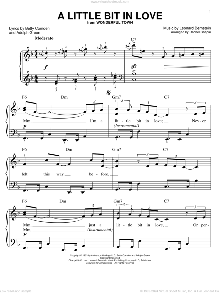 A Little Bit In Love sheet music for piano solo by Leonard Bernstein, Adolph Green and Betty Comden, easy skill level