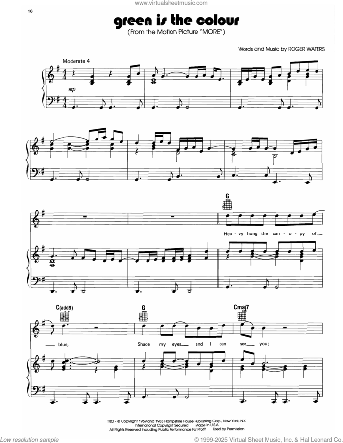 Green Is The Colour sheet music for voice, piano or guitar by Pink Floyd and Roger Waters, intermediate skill level