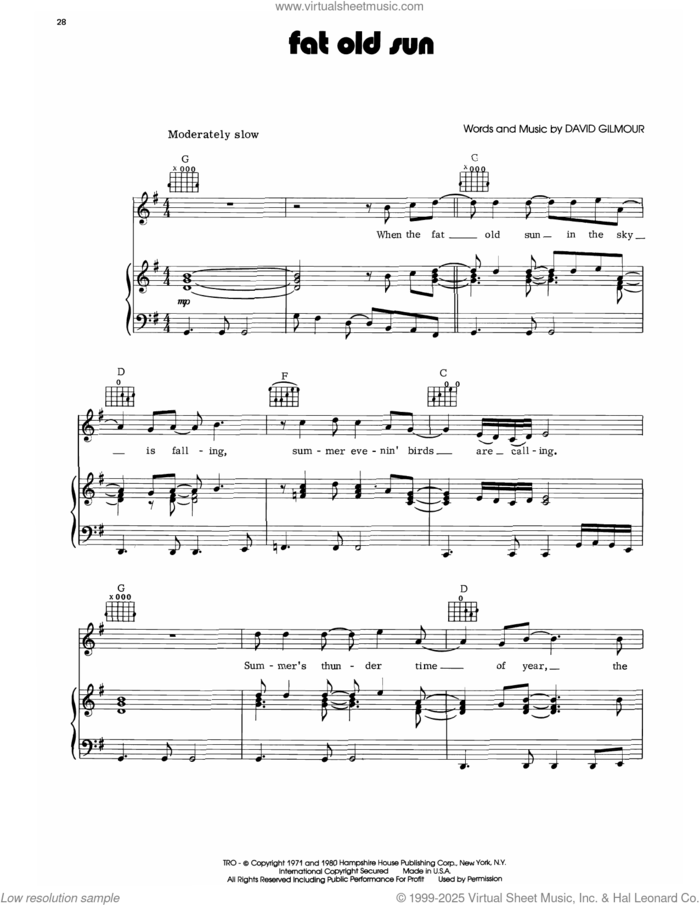 Fat Old Sun sheet music for voice, piano or guitar by Pink Floyd and David Gilmour, intermediate skill level