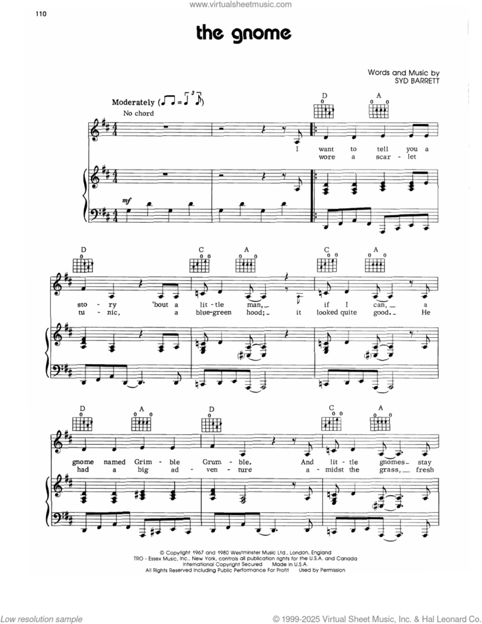The Gnome sheet music for voice, piano or guitar by Pink Floyd and Syd Barrett, intermediate skill level