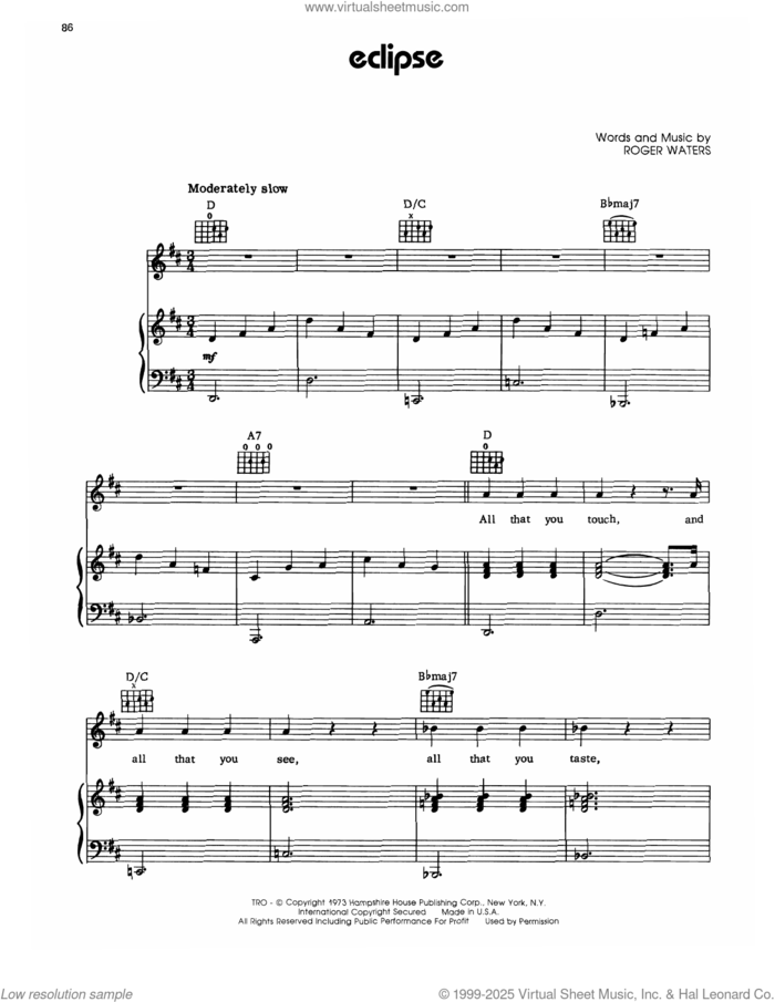 Eclipse sheet music for voice, piano or guitar by Pink Floyd and Roger Waters, intermediate skill level