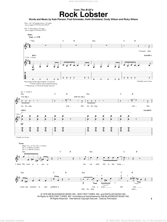 Rock Lobster sheet music for guitar (tablature) by The B-52's, Cindy Wilson, Fred Schneider, Kate Pierson, Keith Strickland and Richard Wilson, intermediate skill level