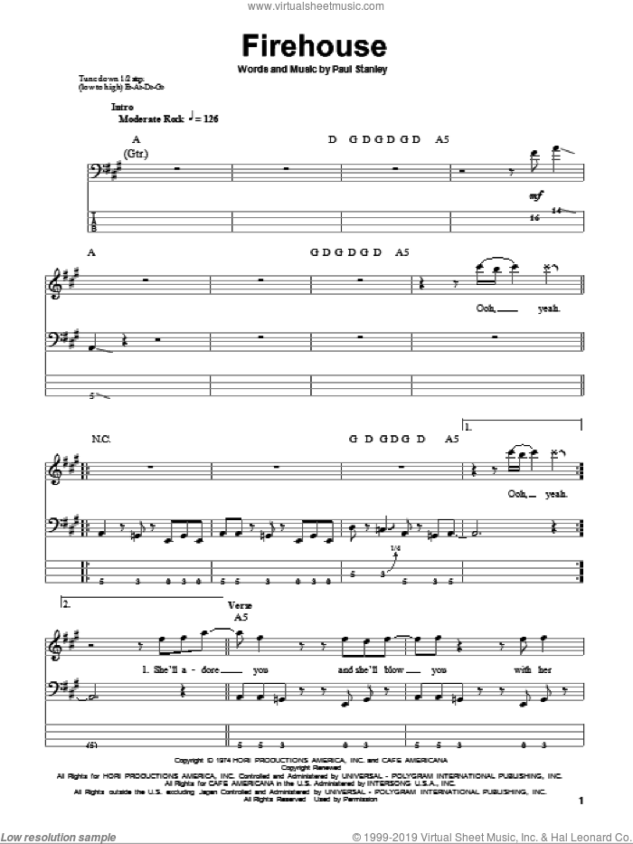Firehouse sheet music for bass (tablature) (bass guitar) by KISS and Paul Stanley, intermediate skill level