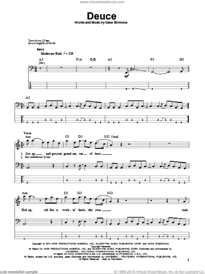 Deuce sheet music for bass (tablature) (bass guitar) by KISS and Gene Simmons, intermediate skill level