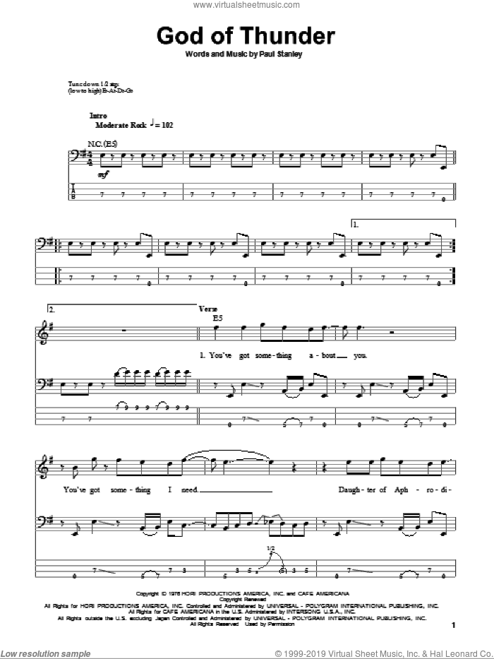 God Of Thunder sheet music for bass (tablature) (bass guitar) by KISS and Paul Stanley, intermediate skill level