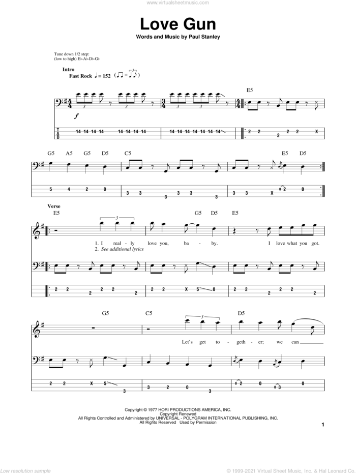 Love Gun sheet music for bass (tablature) (bass guitar) by KISS and Paul Stanley, intermediate skill level