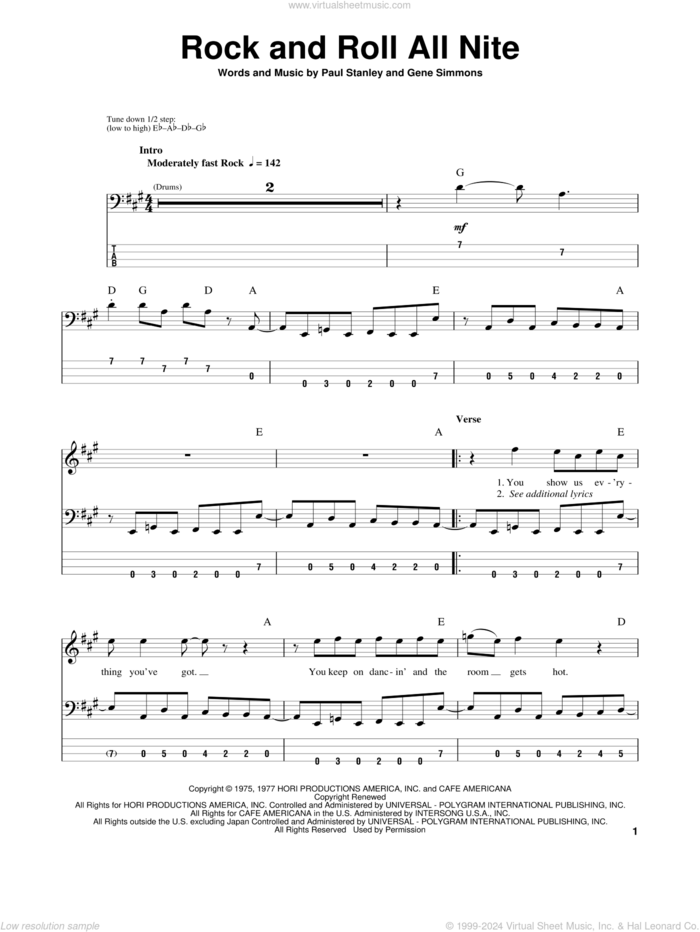 Rock And Roll All Nite sheet music for bass (tablature) (bass guitar) by KISS, Gene Simmons and Paul Stanley, intermediate skill level