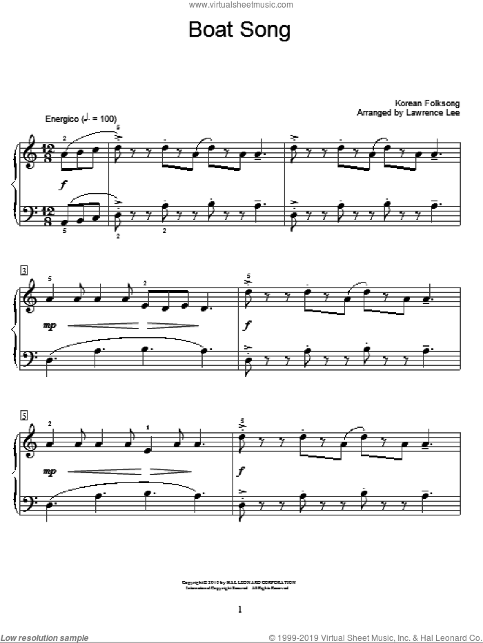 Boat Song sheet music for piano solo (elementary)  and Lawrence Lee, beginner piano (elementary)