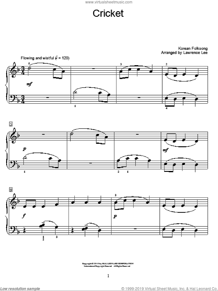 Cricket sheet music for piano solo (elementary)  and Lawrence Lee, beginner piano (elementary)