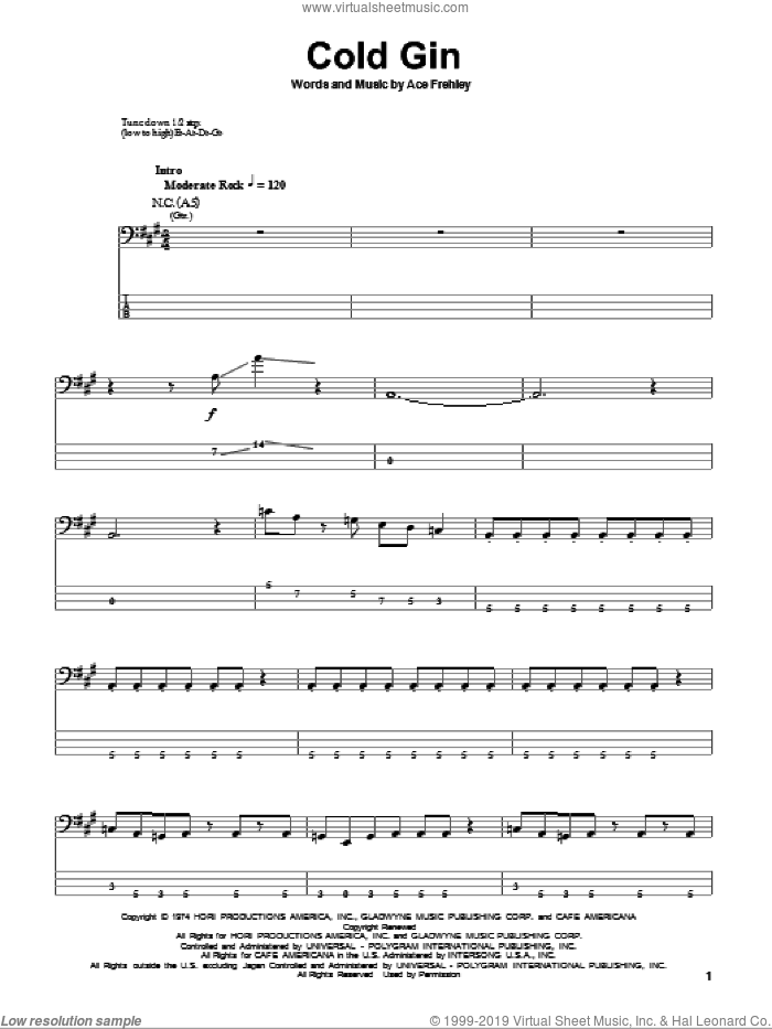 Cold Gin sheet music for bass (tablature) (bass guitar) by KISS and Ace Frehley, intermediate skill level